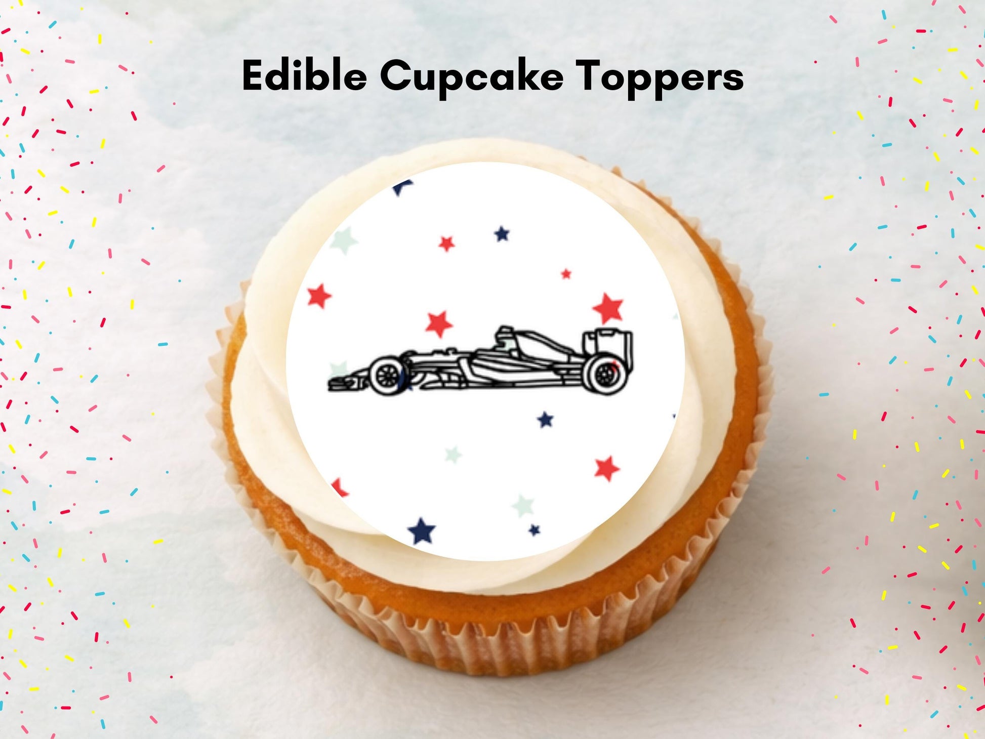 Racing Car Edible Cupcake Toppers – Sports Party Decorations (Wafer Paper, Card or Icing Sheet)
