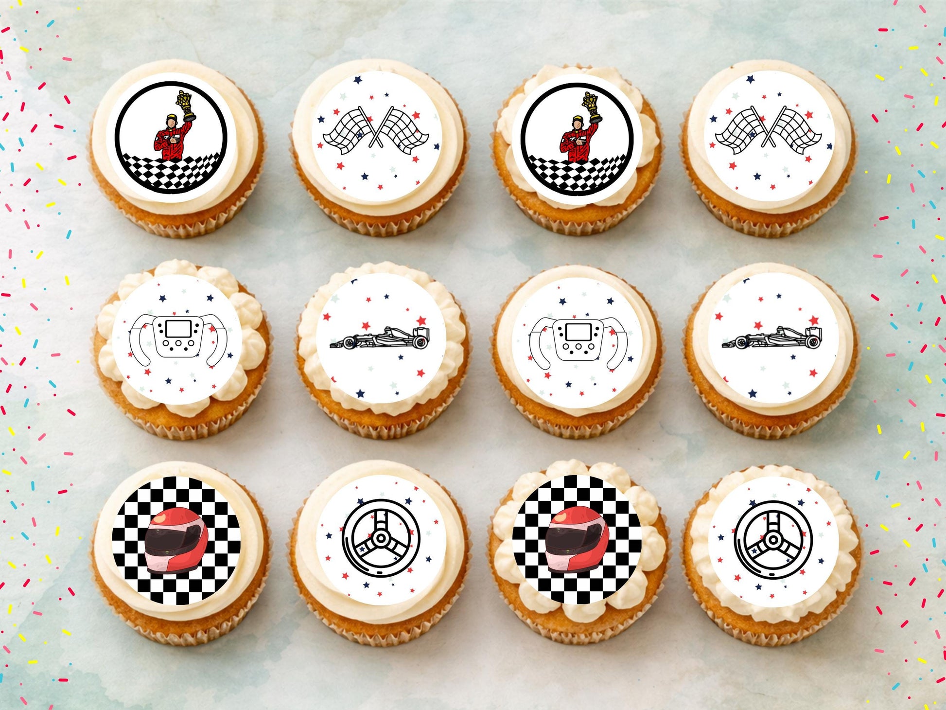 Racing Car Edible Cupcake Toppers – Sports Party Decorations (Wafer Paper, Card or Icing Sheet)