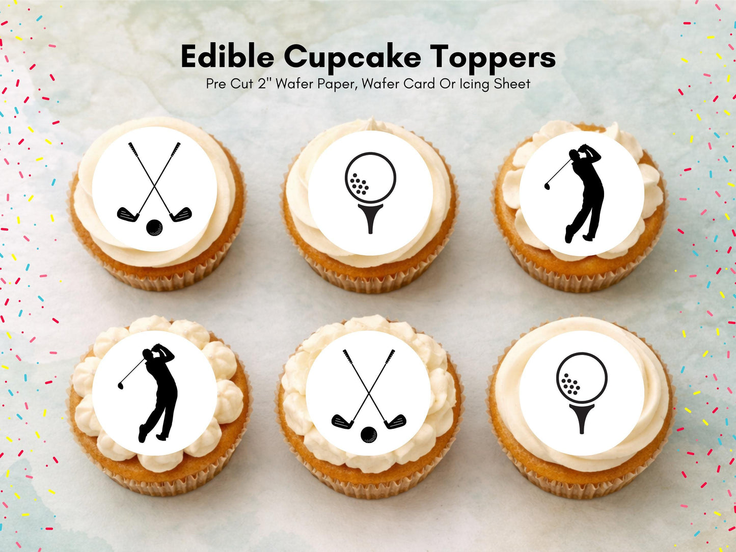 Golf Edible Cupcake Toppers 12 x 2" – Pre cut Wafer Paper, Card or Icing Sheet, Sports Party Decoration, Cake images