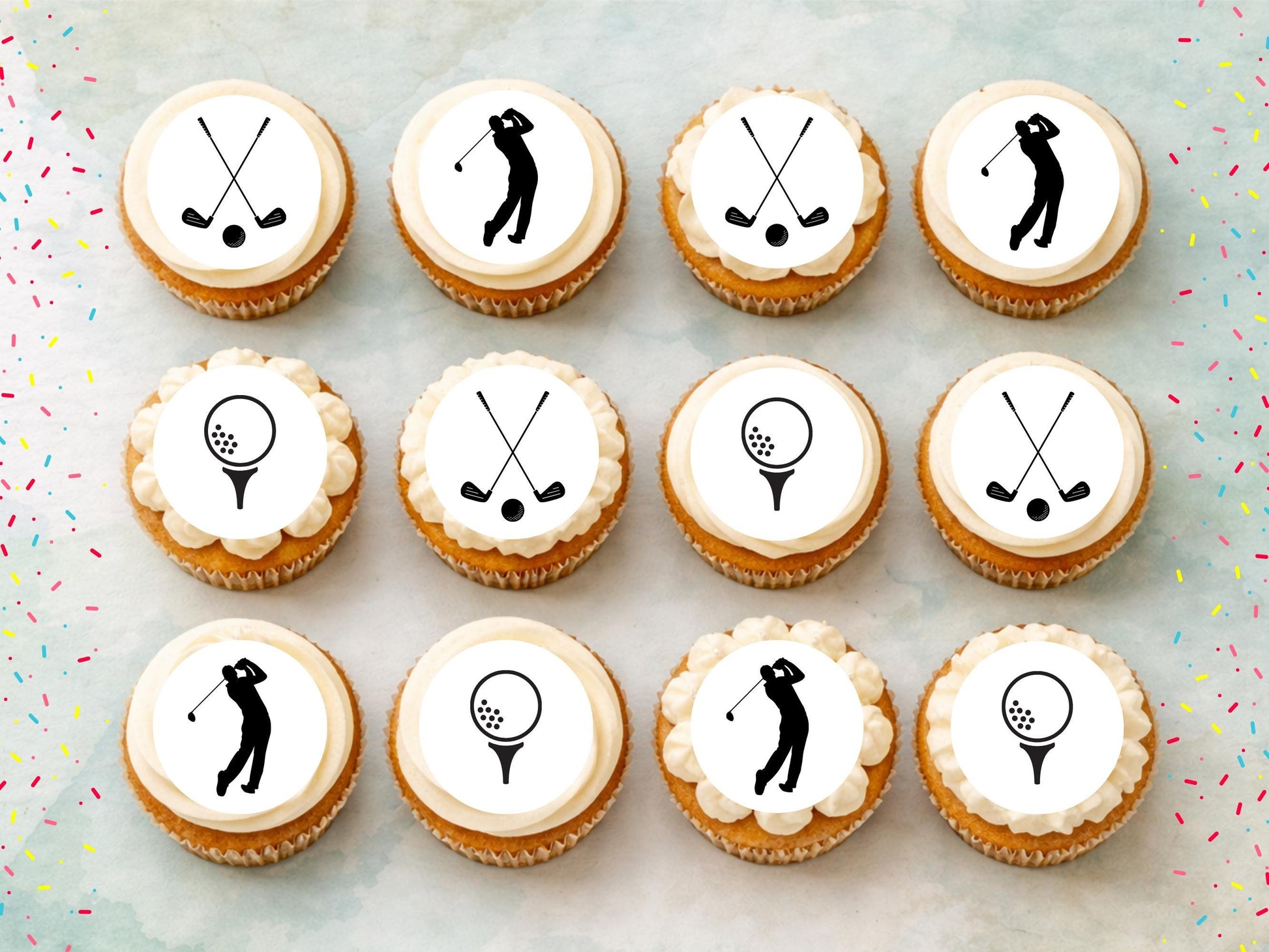 Golf Edible Cupcake Toppers 12 x 2" – Pre cut Wafer Paper, Card or Icing Sheet, Sports Party Decoration, Cake images
