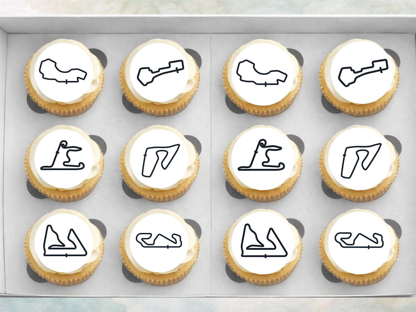 Racing Track Edible Cupcake Toppers – Race Car Party (Wafer Paper, Card or Icing Sheet)
