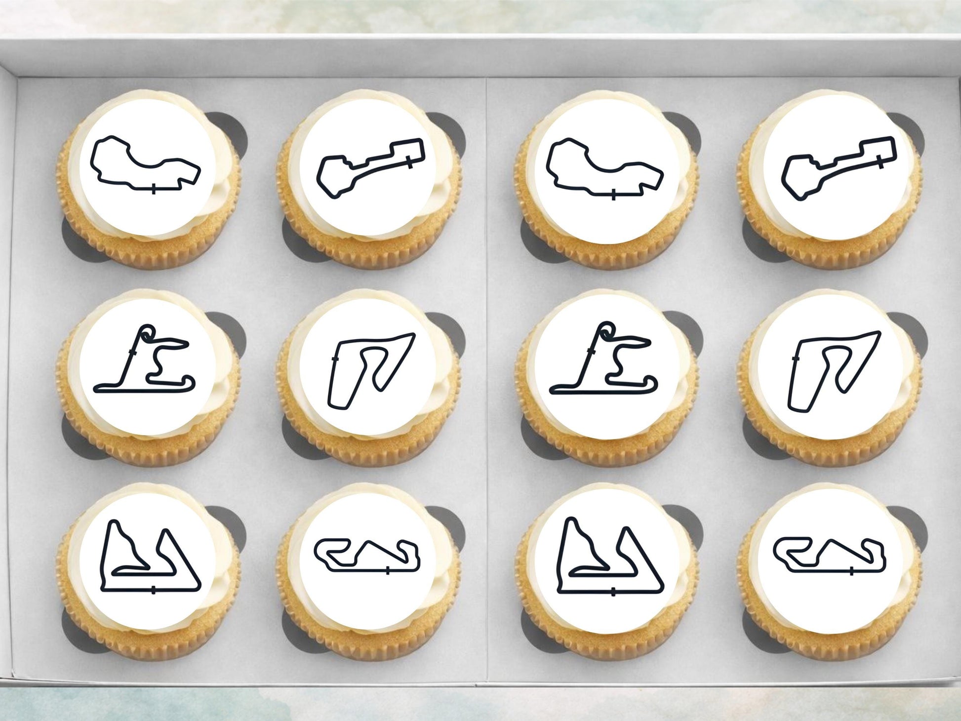 Racing Track Edible Cupcake Toppers – Race Car Party (Wafer Paper, Card or Icing Sheet)