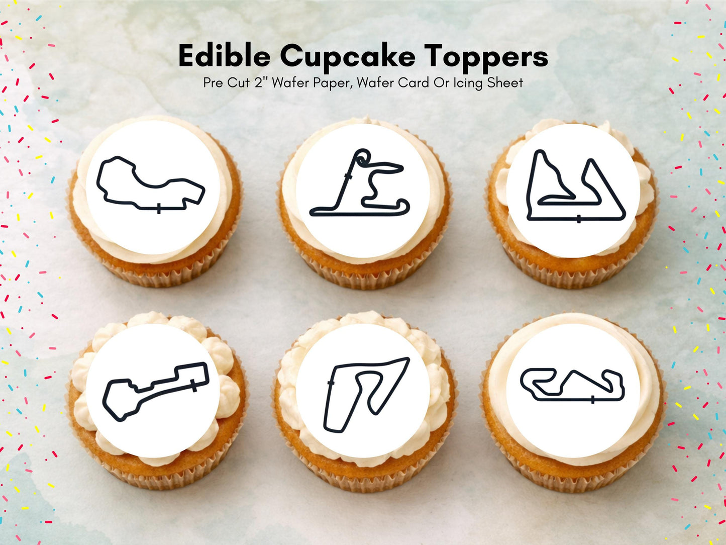 Racing Track Edible Cupcake Toppers – Race Car Party (Wafer Paper, Card or Icing Sheet)