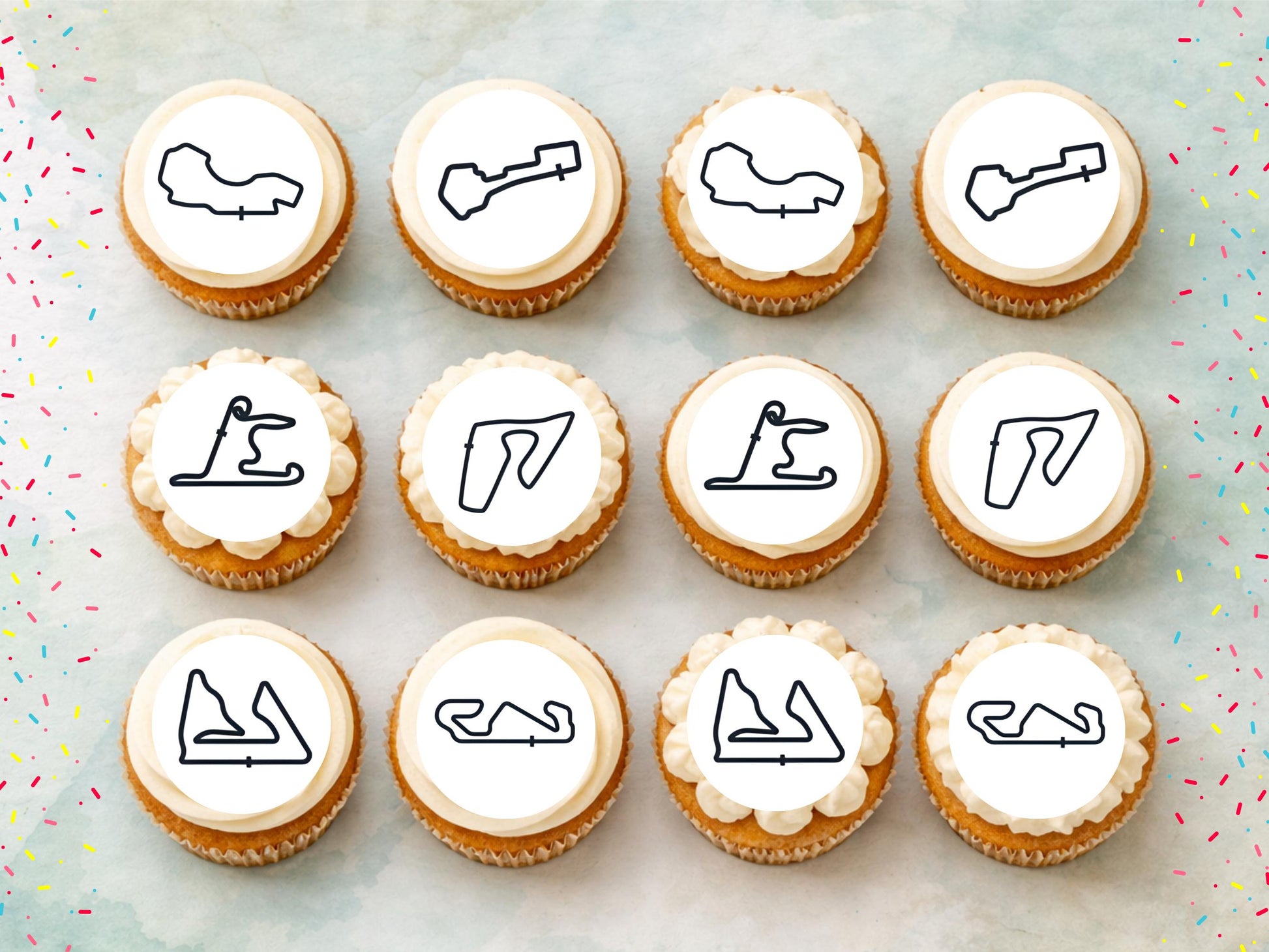 Racing Track Edible Cupcake Toppers – Race Car Party (Wafer Paper, Card or Icing Sheet)