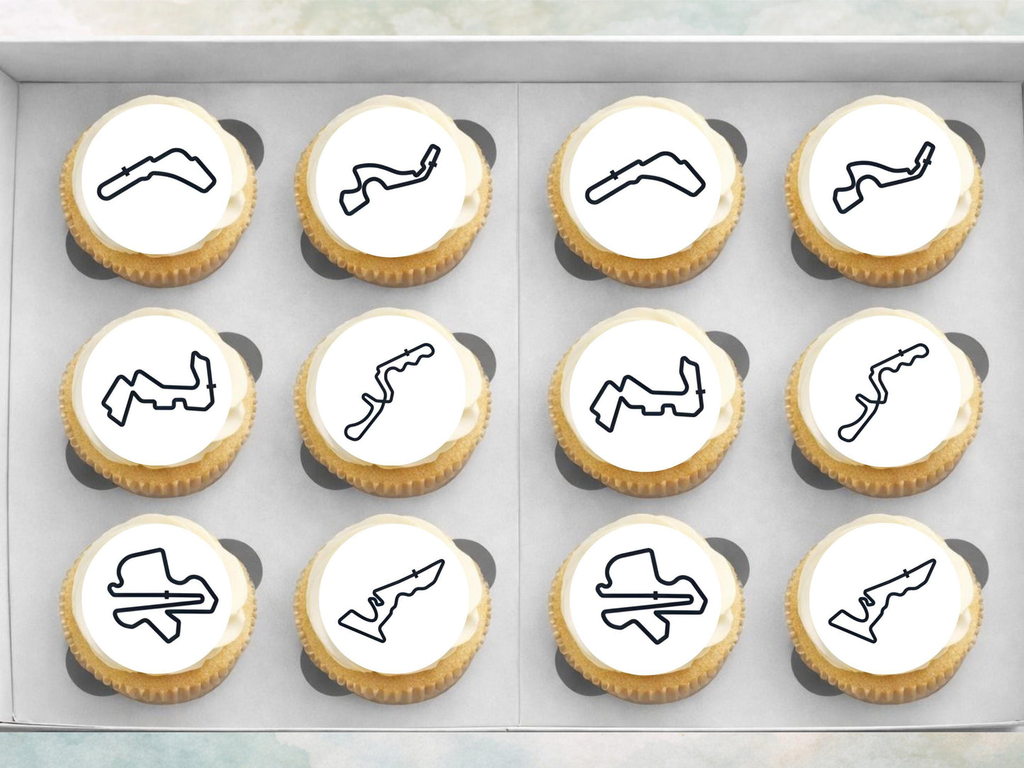 Racing Track Edible Cupcake Toppers – Race Car Party (Wafer Paper, Card or Icing Sheet)