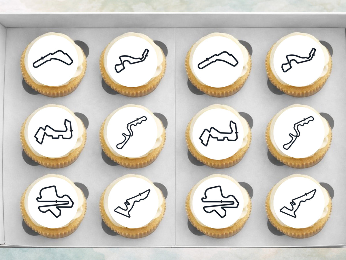 Racing Track Edible Cupcake Toppers – Race Car Party (Wafer Paper, Card or Icing Sheet)