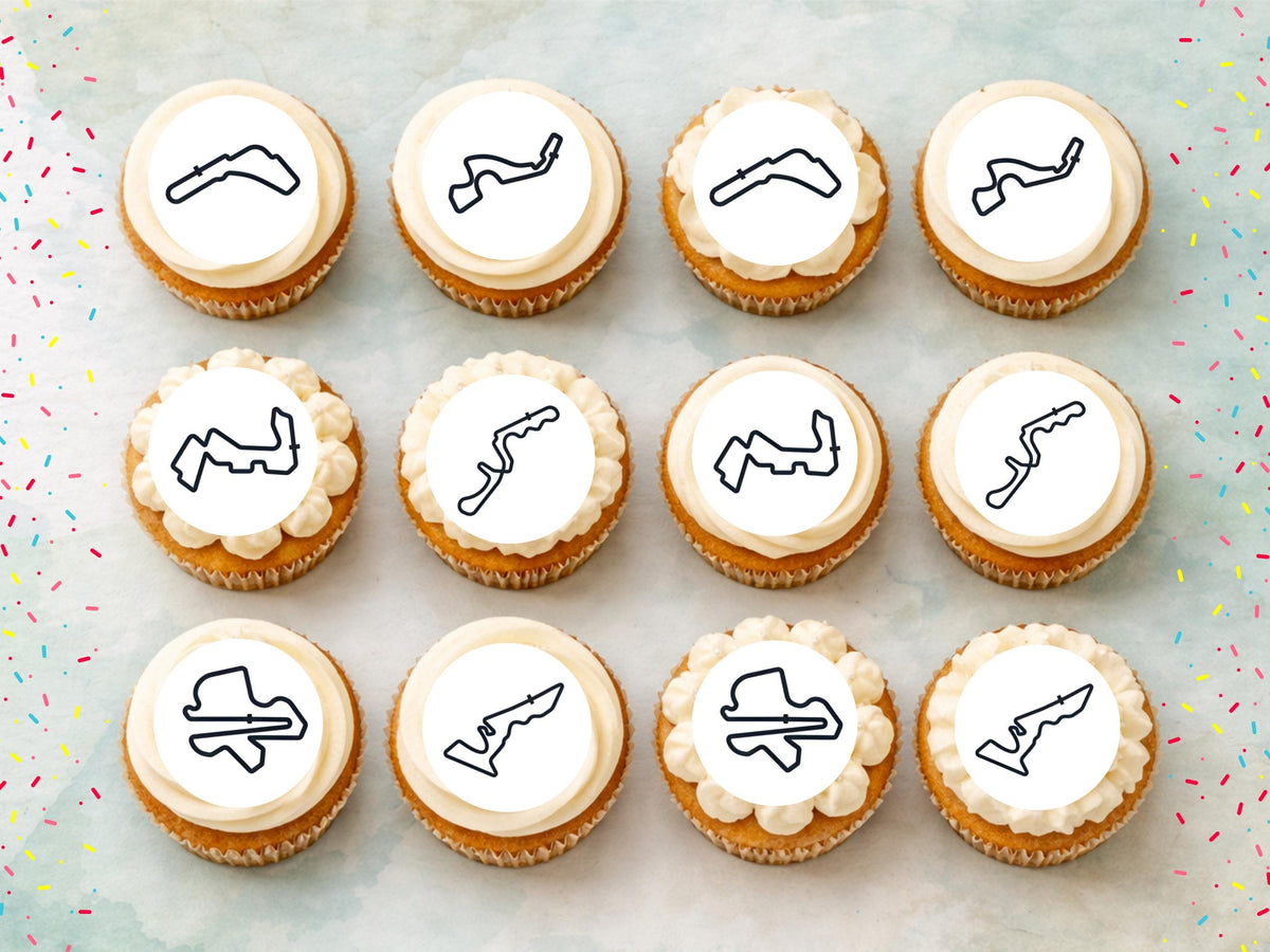 Racing Track Edible Cupcake Toppers – Race Car Party (Wafer Paper, Card or Icing Sheet)