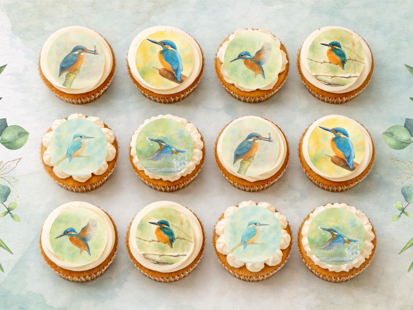 King Fisher Edible Cupcake Toppers 12 x 2"– Pre cut Wafer Paper, Card or Icing Sheet, King Fisher Bird Birthday Cake Topper
