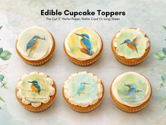 King Fisher Edible Cupcake Toppers 12 x 2"– Pre cut Wafer Paper, Card or Icing Sheet, King Fisher Bird Birthday Cake Topper