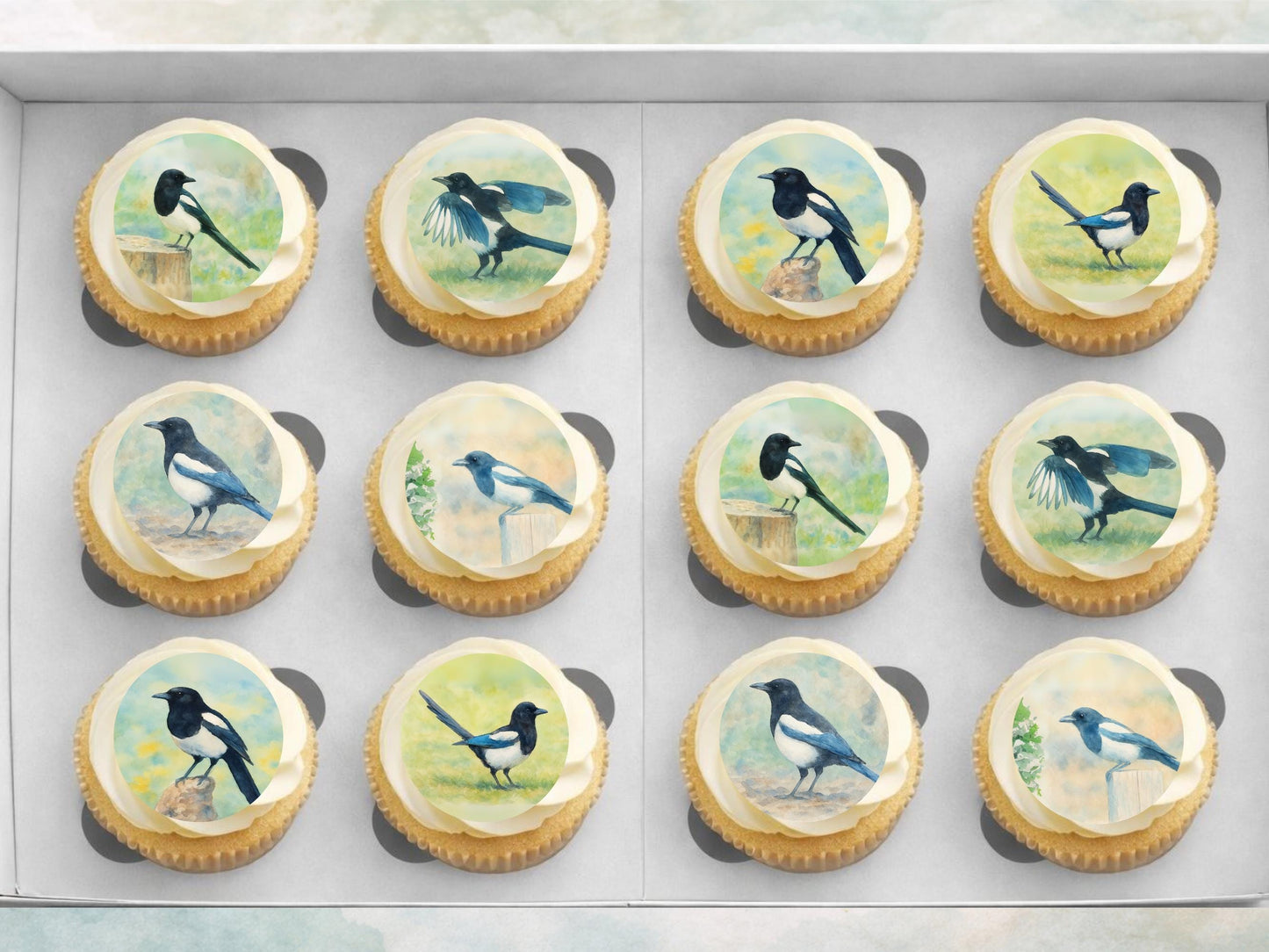 Magpie Edible Cupcake Toppers 12 x 2" Wafer Paper, Card, or Icing