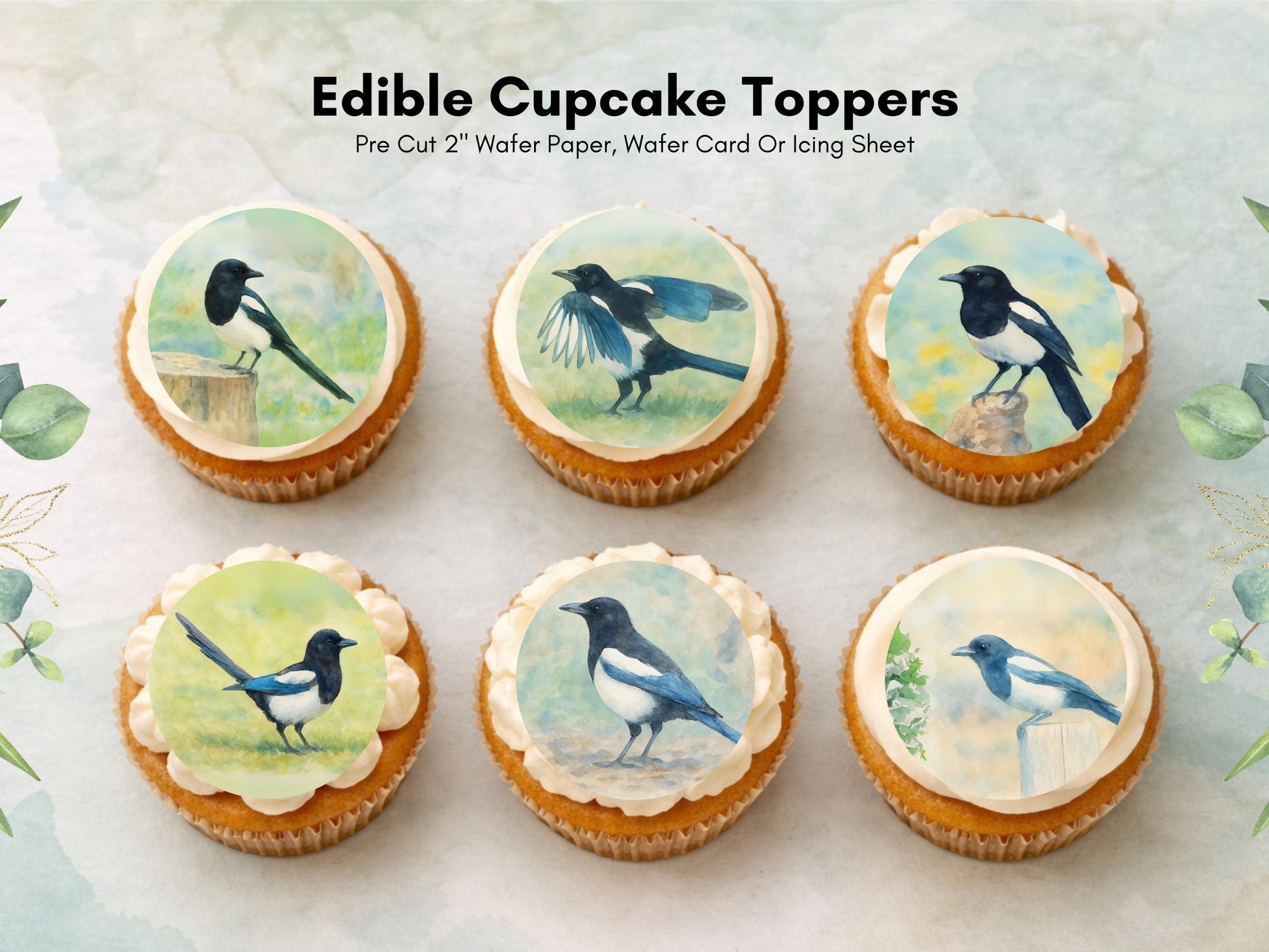 Magpie Edible Cupcake Toppers 12 x 2" Wafer Paper, Card, or Icing