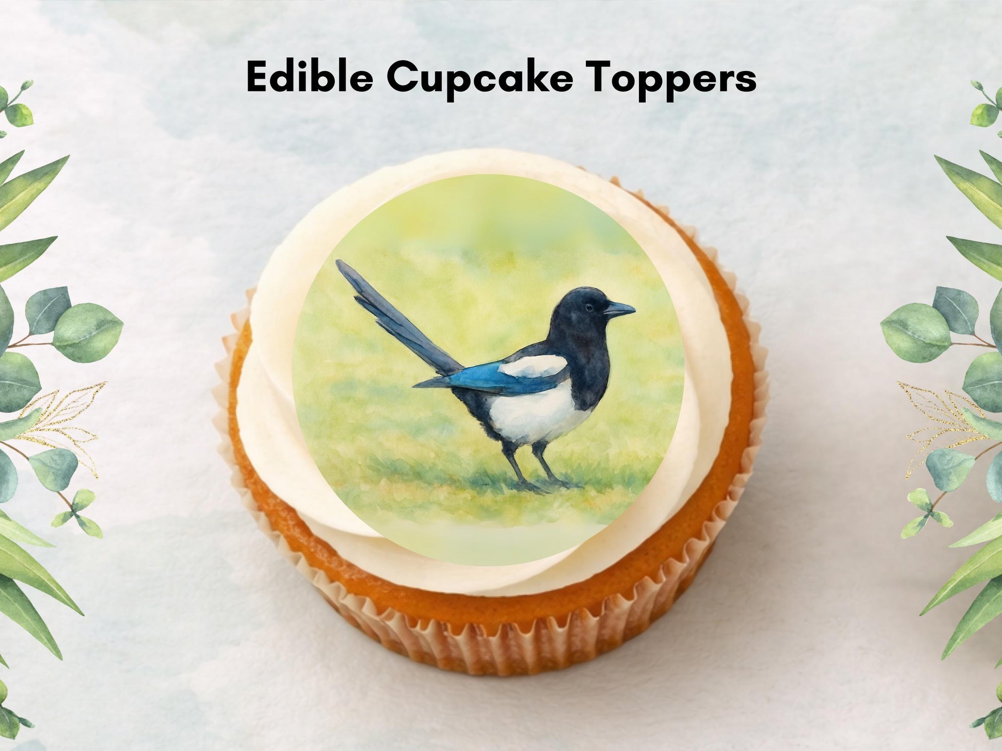 Magpie Edible Cupcake Toppers 12 x 2" Wafer Paper, Card, or Icing