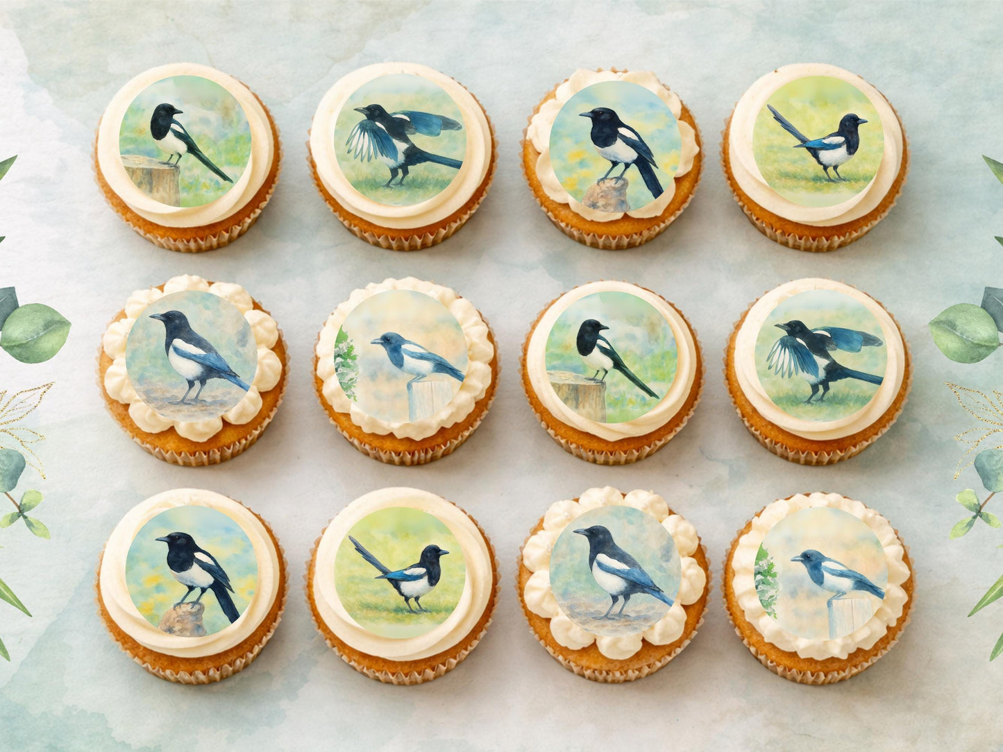 Magpie Edible Cupcake Toppers 12 x 2" Wafer Paper, Card, or Icing