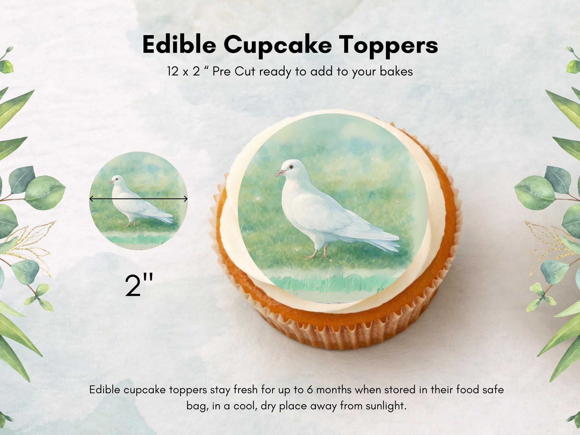 White Dove Edible Cupcake Toppers 12 x 2" Wafer Paper, Card, or Icing
