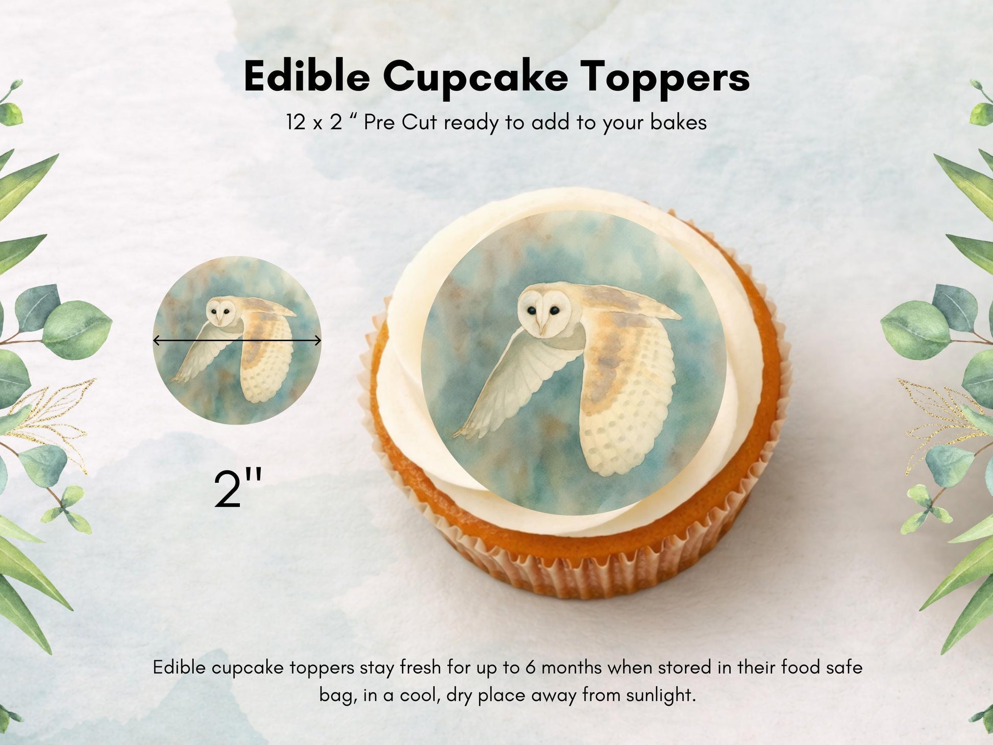 Barn Owl Edible Cupcake Toppers – Pre-Cut 2" (Wafer Paper, Card or Icing Sheet)
