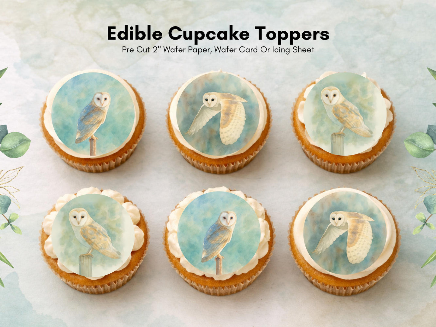 Barn Owl Edible Cupcake Toppers – Pre-Cut 2" (Wafer Paper, Card or Icing Sheet)