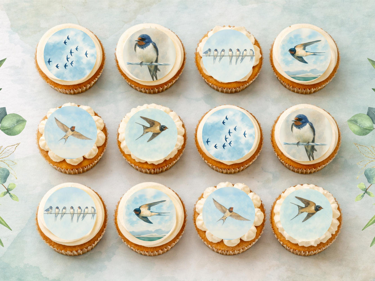 Swallow Edible Cupcake Toppers – 2" Wafer Paper, Card or Icing – 12 ct