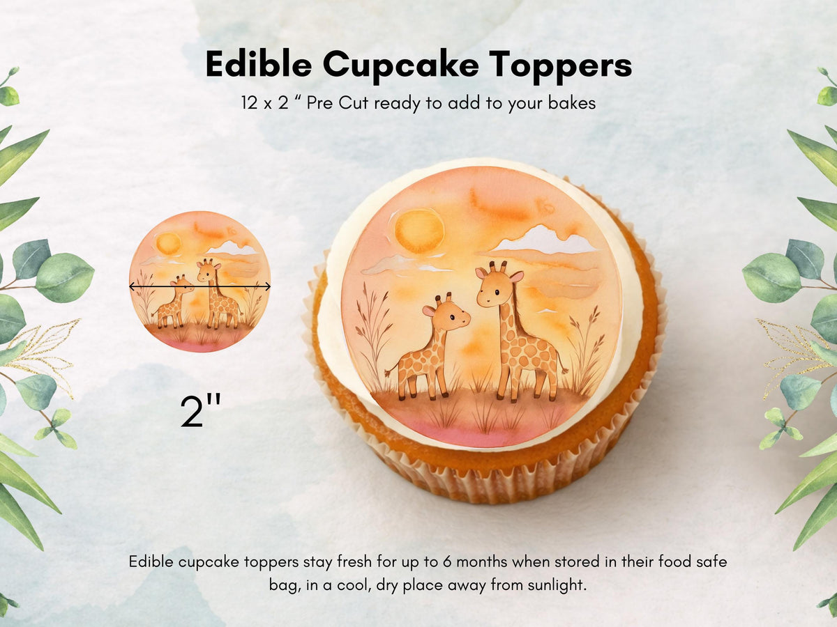Giraffe Edible Cupcake Toppers 12 x 2" Precut Wafer Paper, Card or Icing Sheet