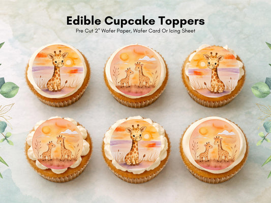 Giraffe Edible Cupcake Toppers 12 x 2" Precut Wafer Paper, Card or Icing Sheet