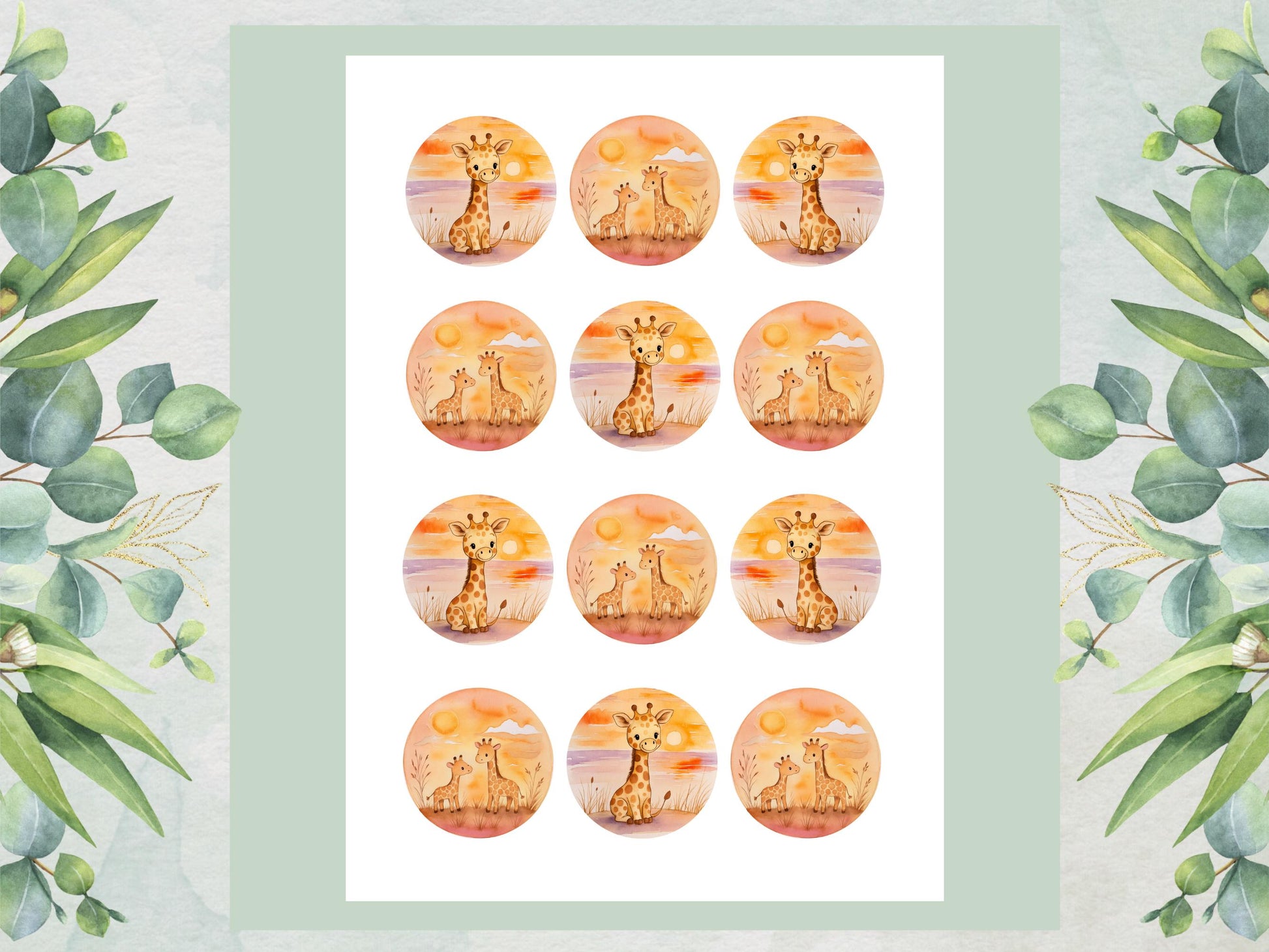 Giraffe Edible Cupcake Toppers 12 x 2" Precut Wafer Paper, Card or Icing Sheet