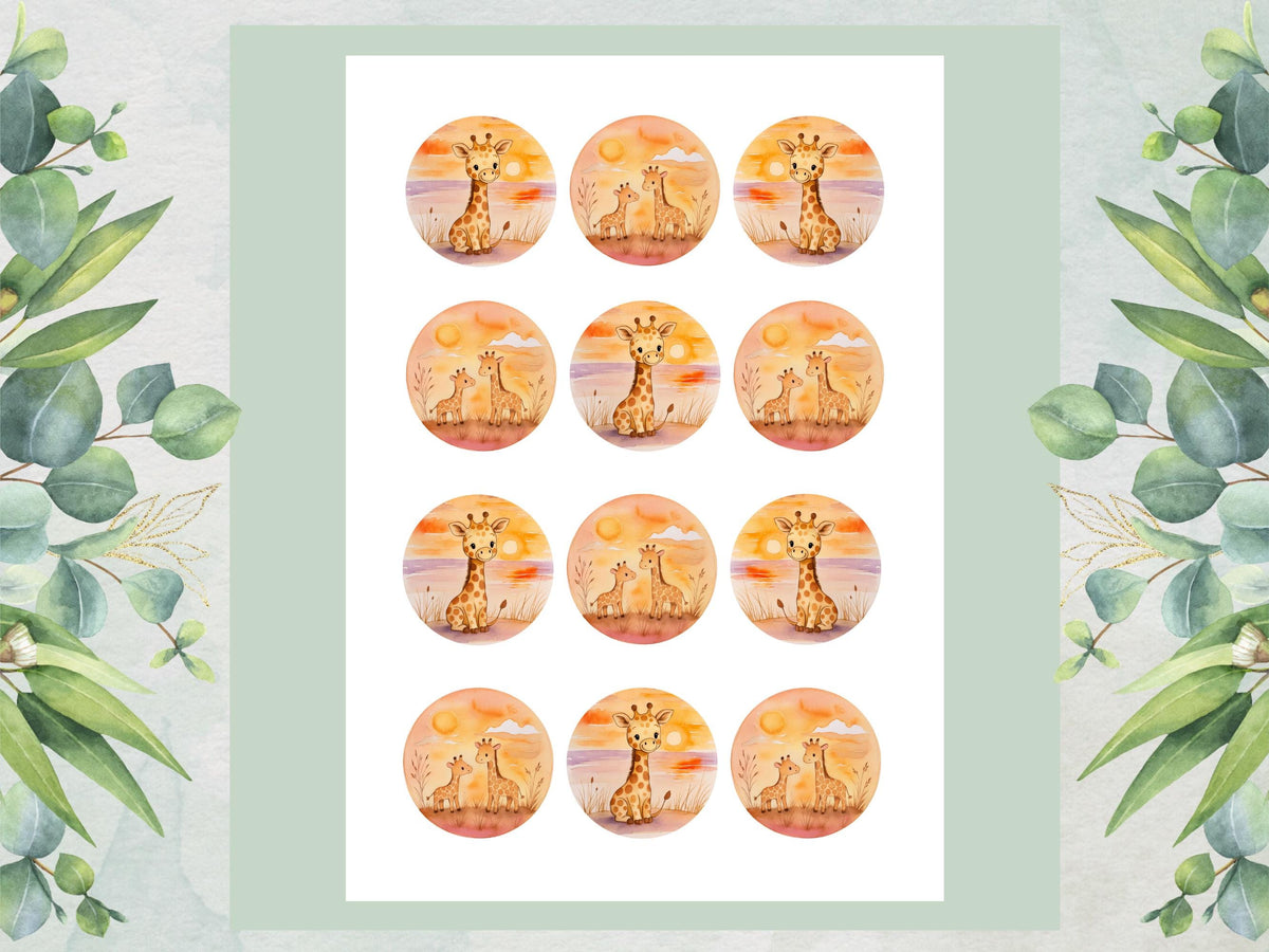 Giraffe Edible Cupcake Toppers 12 x 2" Precut Wafer Paper, Card or Icing Sheet