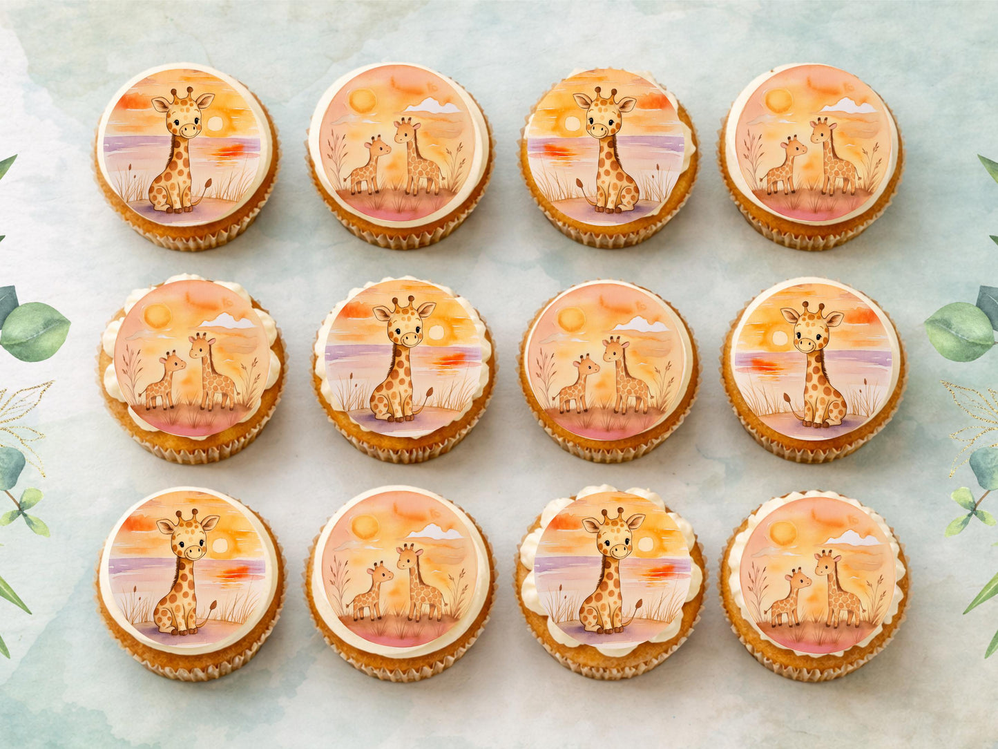 Giraffe Edible Cupcake Toppers 12 x 2" Precut Wafer Paper, Card or Icing Sheet