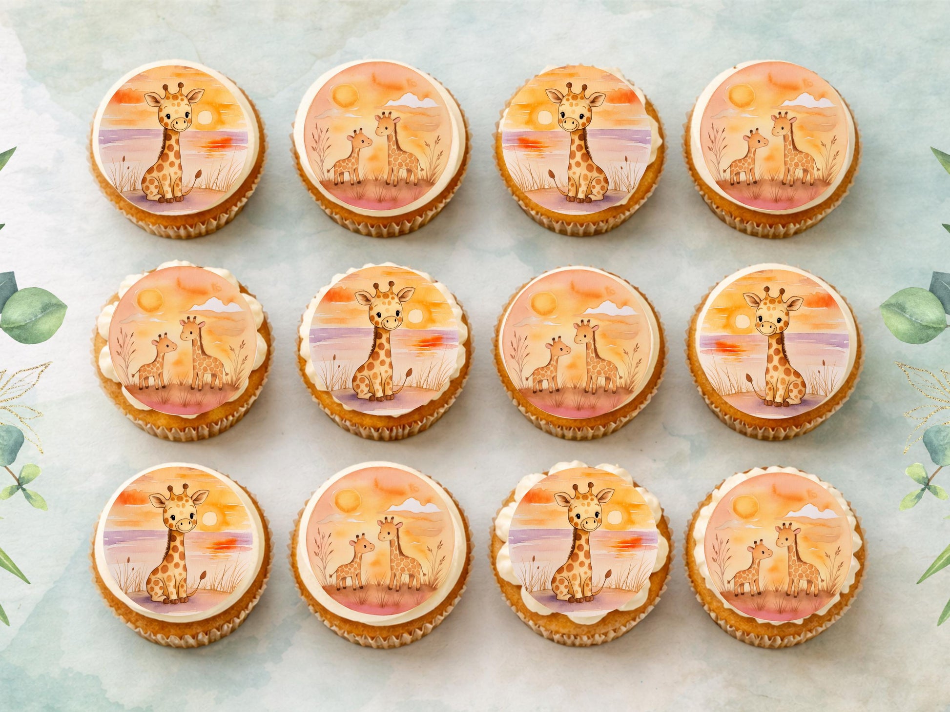 Giraffe Edible Cupcake Toppers 12 x 2" Precut Wafer Paper, Card or Icing Sheet