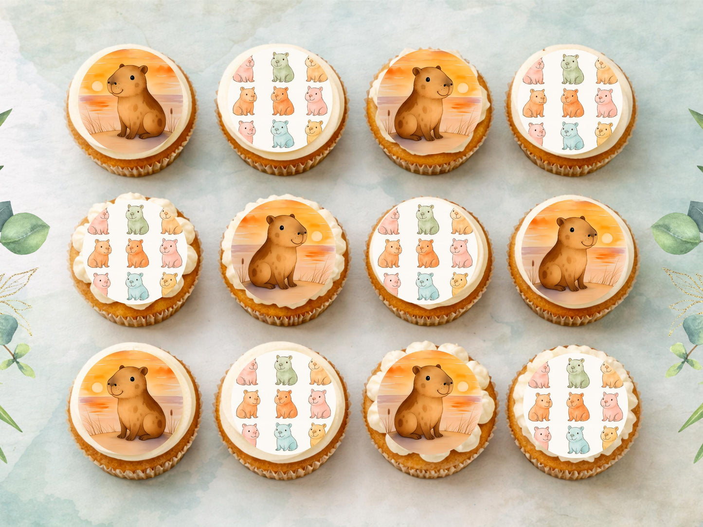 Cute Capybara Edible Cupcake Toppers 12 x 2"– Pre cut Wafer Paper, Card or Icing Sheet, Birthday, Cookies, Cake, Capybara Decorations