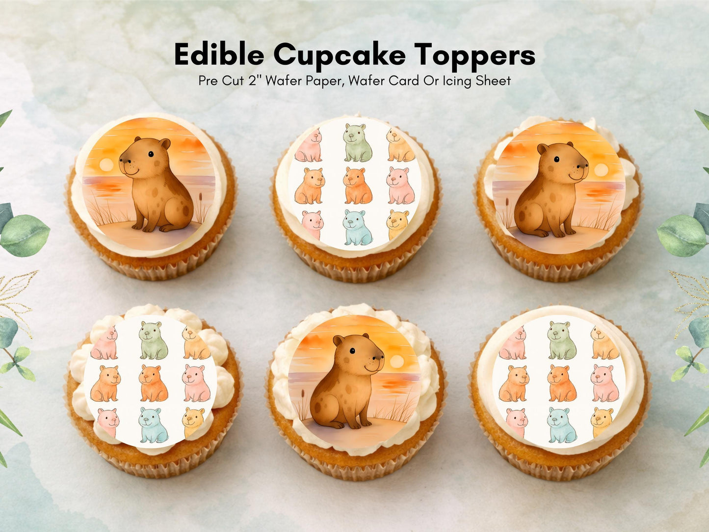 Cute Capybara Edible Cupcake Toppers 12 x 2"– Pre cut Wafer Paper, Card or Icing Sheet, Birthday, Cookies, Cake, Capybara Decorations
