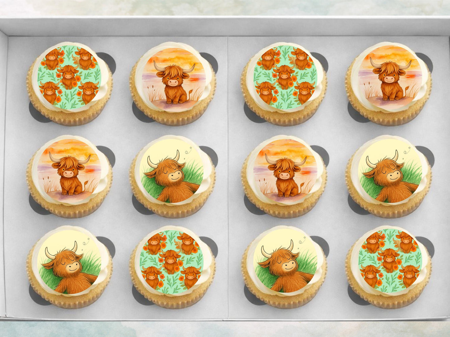 Highland Cow Cupcake Toppers - Edible Cake Decorations (Wafer Paper, Card, Icing Sheet)