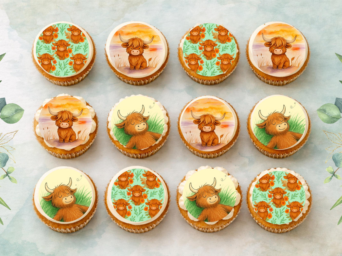 Highland Cow Cupcake Toppers - Edible Cake Decorations (Wafer Paper, Card, Icing Sheet)