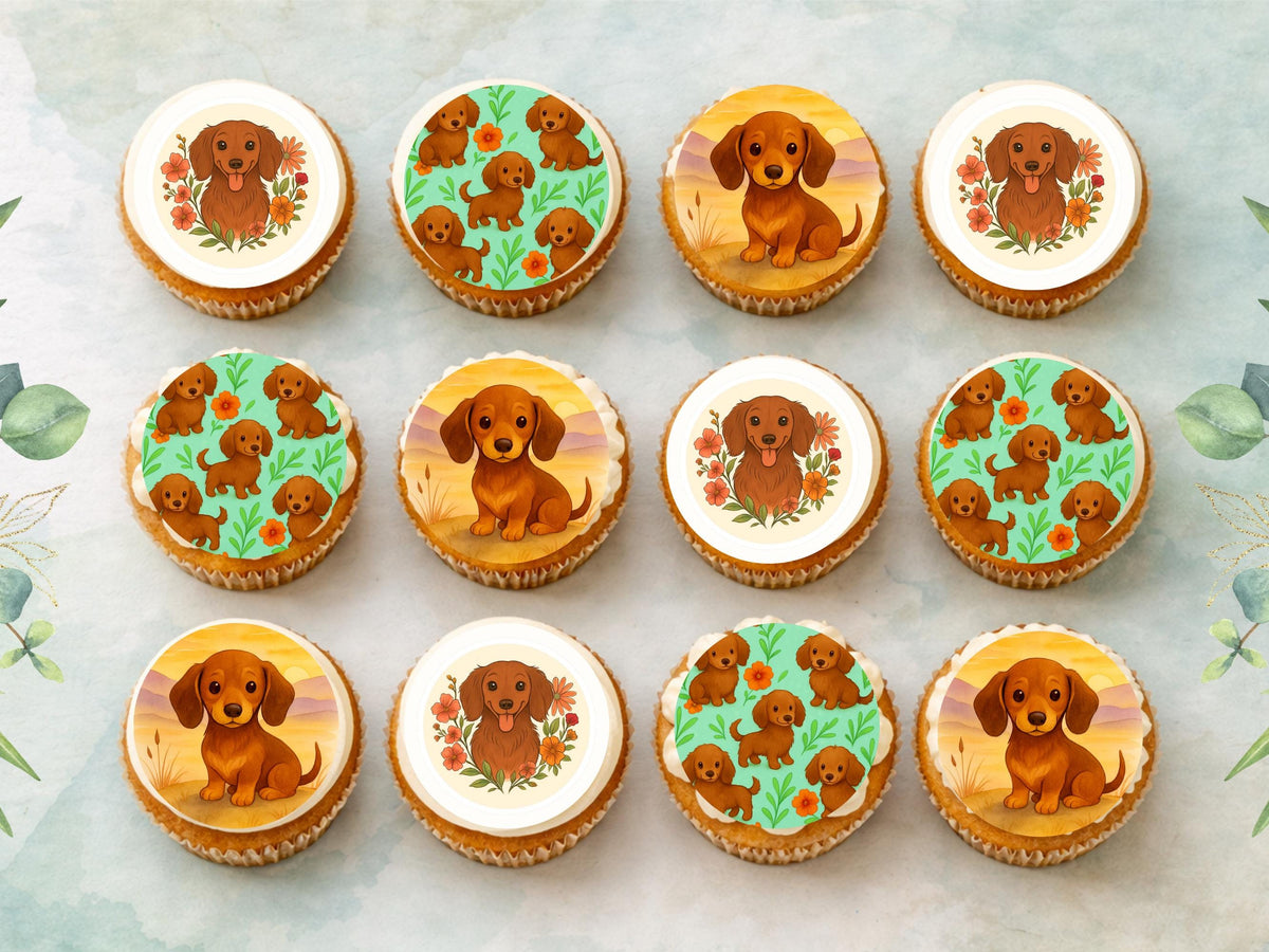 Sausage Dog Edible Cupcake Toppers – 12 x 2" Dachshund Cake Decoration