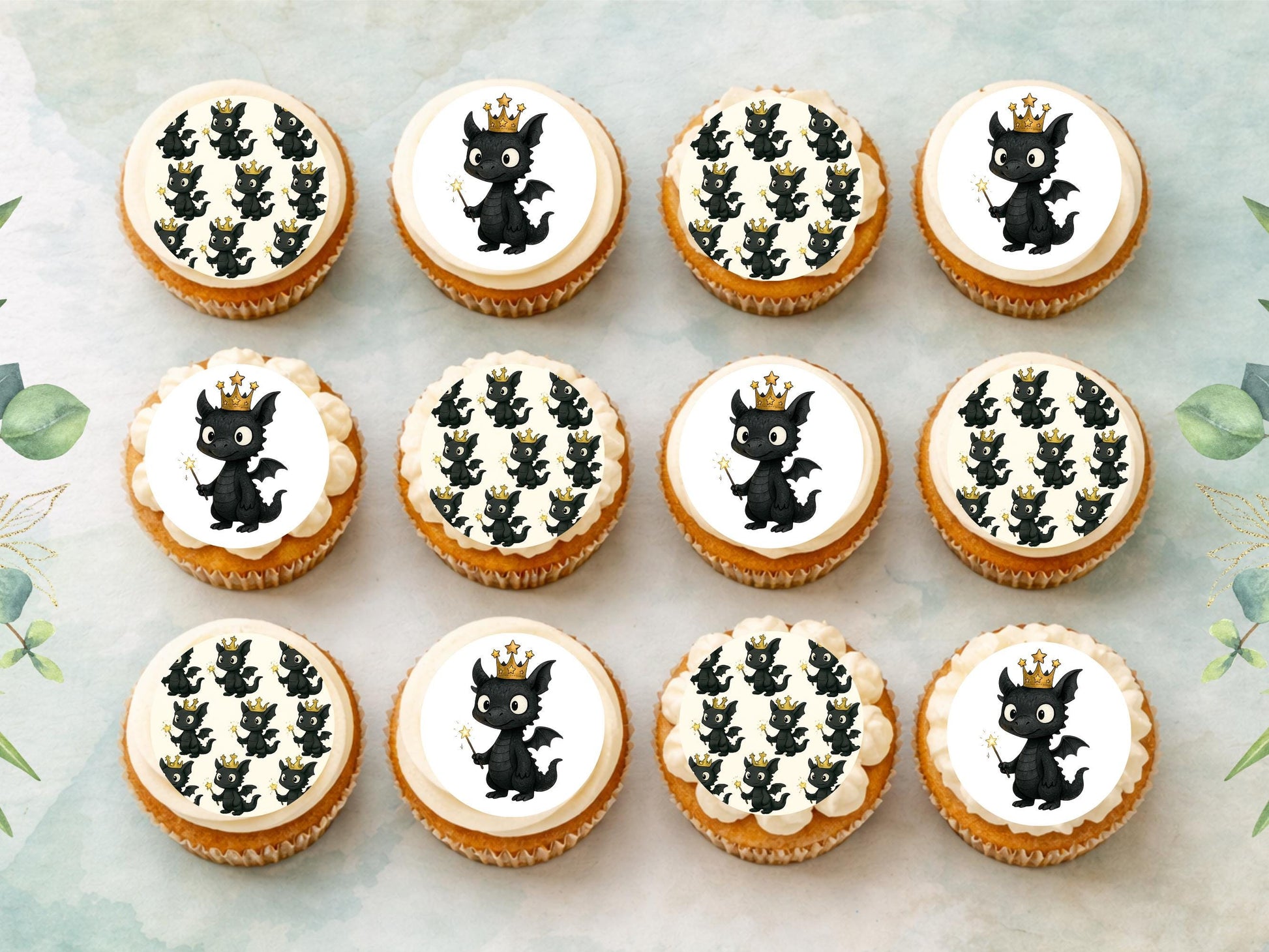 Dragon Edible Cupcake Toppers 12 x 2"– Pre cut Wafer Paper, Card or Icing Sheet, Cute Dragon Cake Decoration