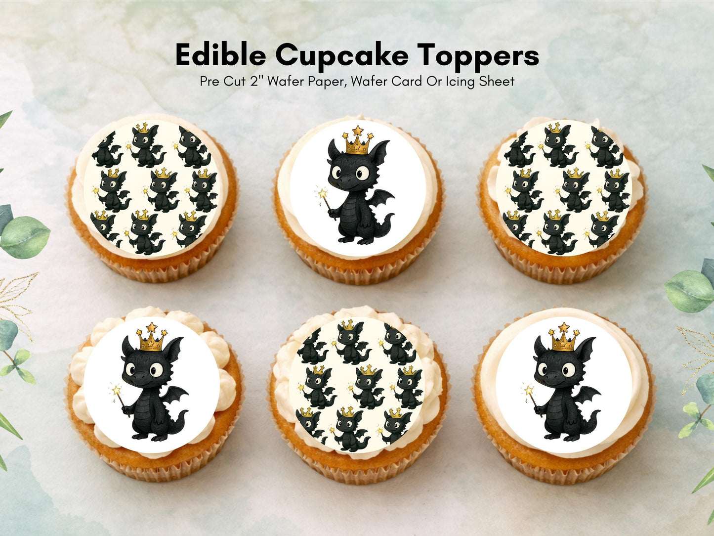 Dragon Edible Cupcake Toppers 12 x 2"– Pre cut Wafer Paper, Card or Icing Sheet, Cute Dragon Cake Decoration