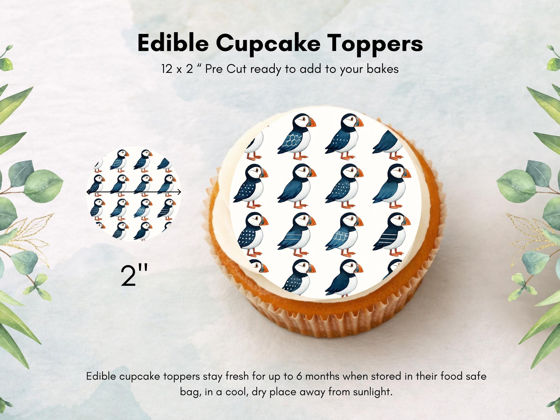 Puffin Edible Cupcake Toppers – 12 x 2" Pre-Cut (Wafer Paper, Card or Icing Sheet)