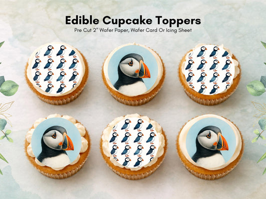 Puffin Edible Cupcake Toppers – 12 x 2" Pre-Cut (Wafer Paper, Card or Icing Sheet)