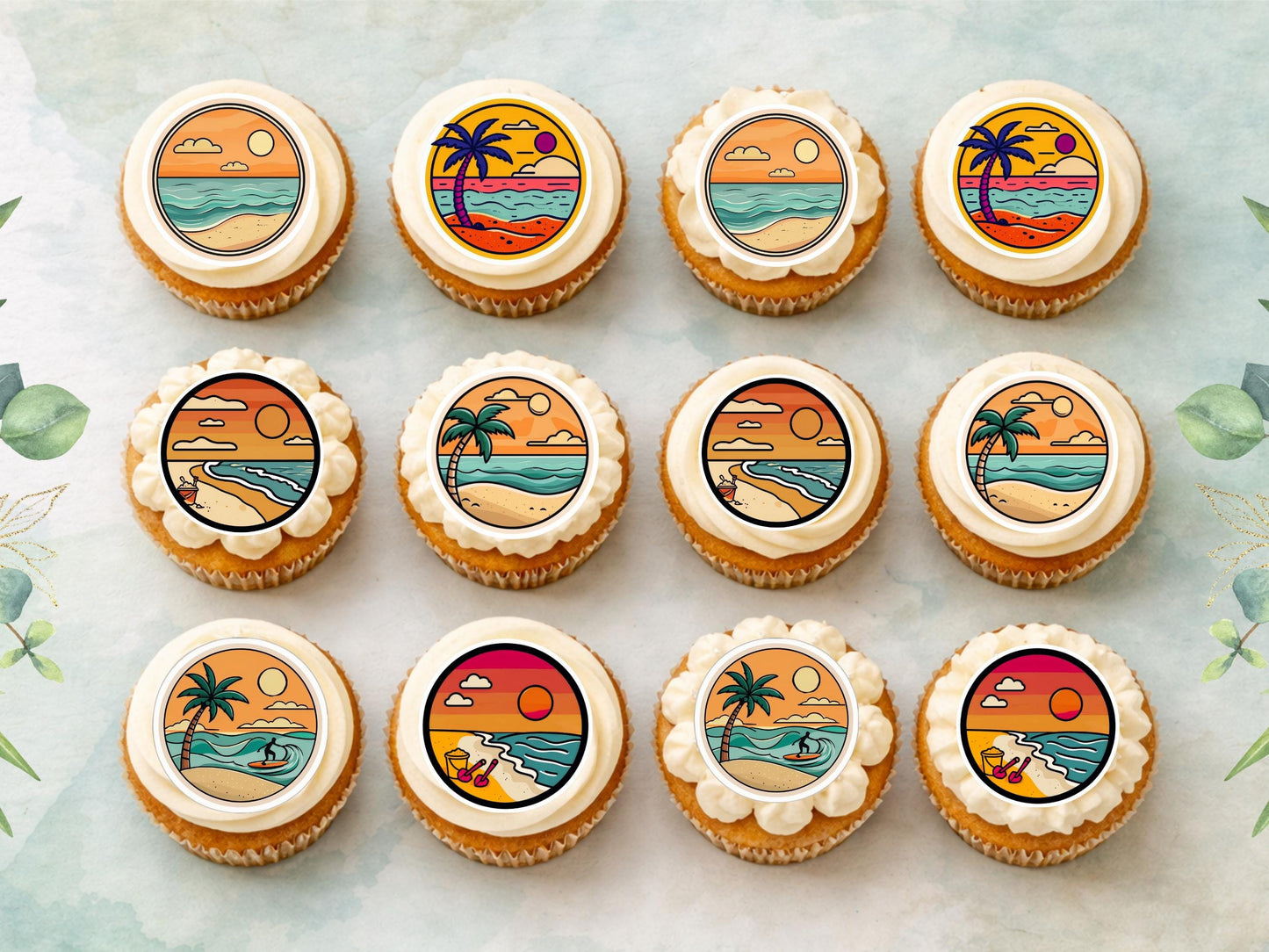 Tropical Beach Edible Cupcake Toppers – Coastal Cake Images