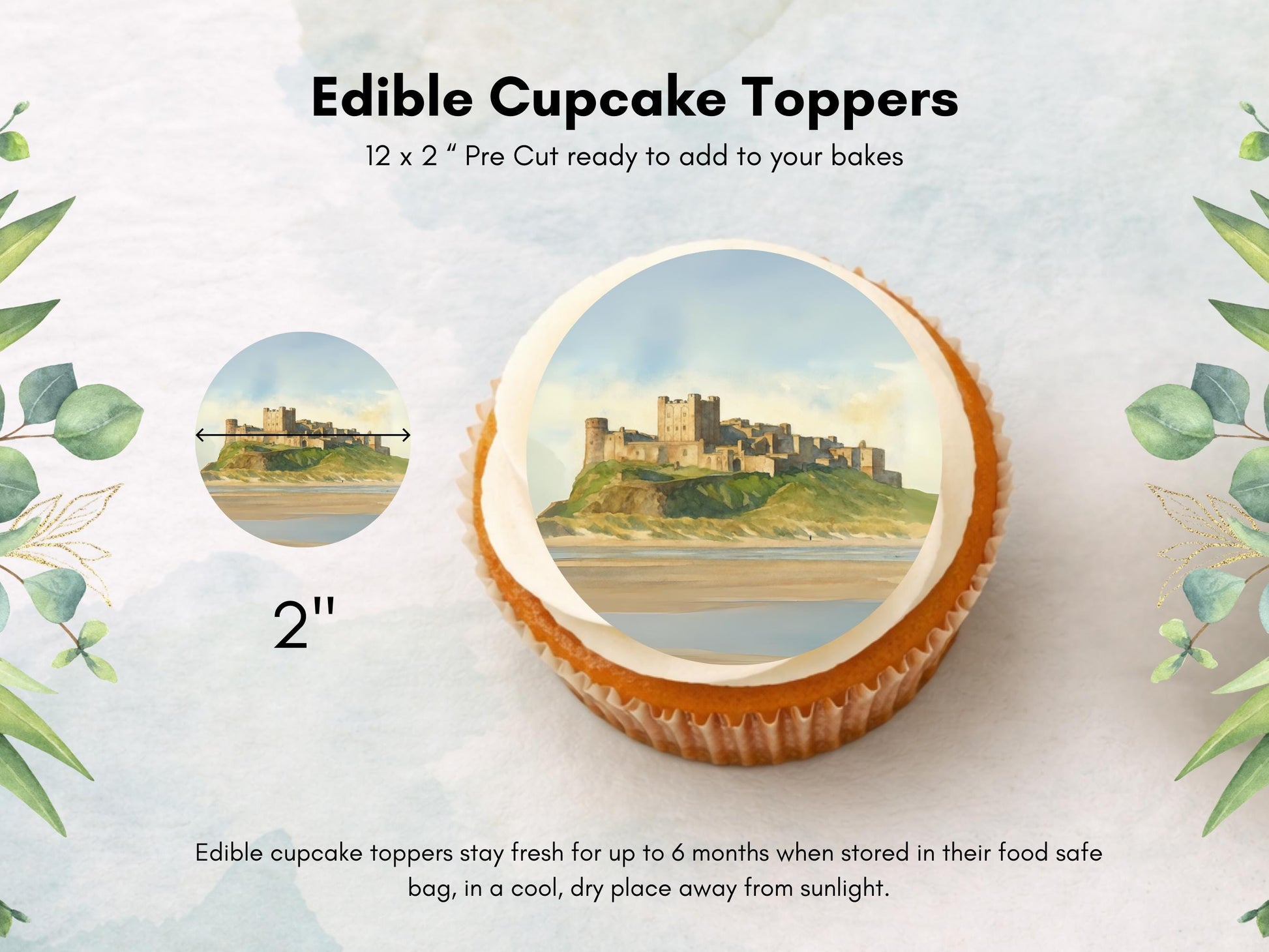 Bamburgh Castle Edible Cupcake Toppers – UK Travel Gift (Wafer Paper)