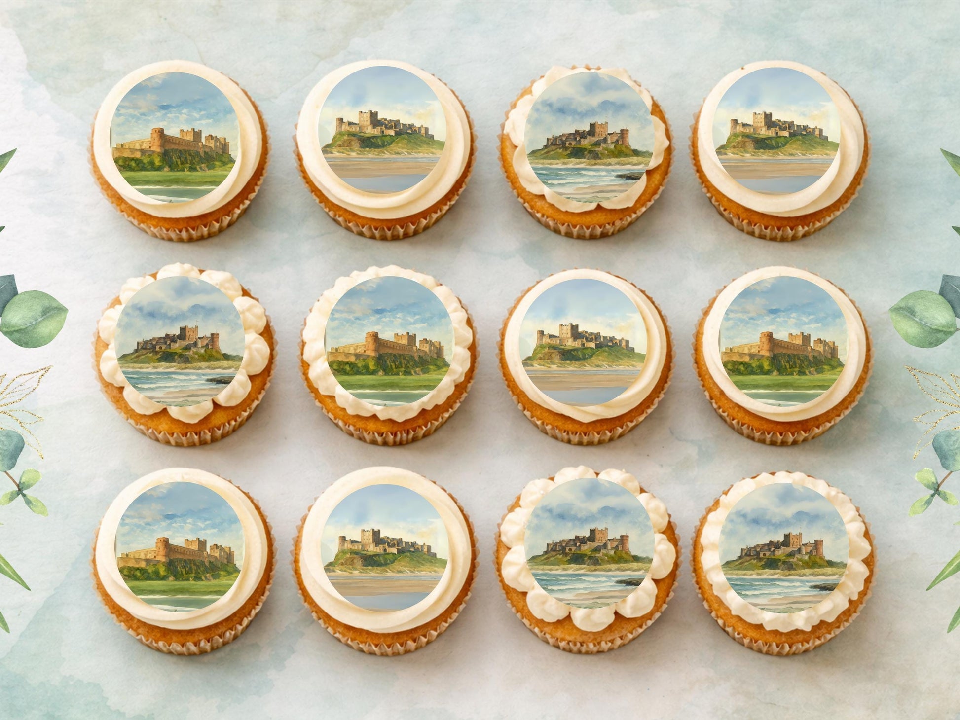 Bamburgh Castle Edible Cupcake Toppers – UK Travel Gift (Wafer Paper)