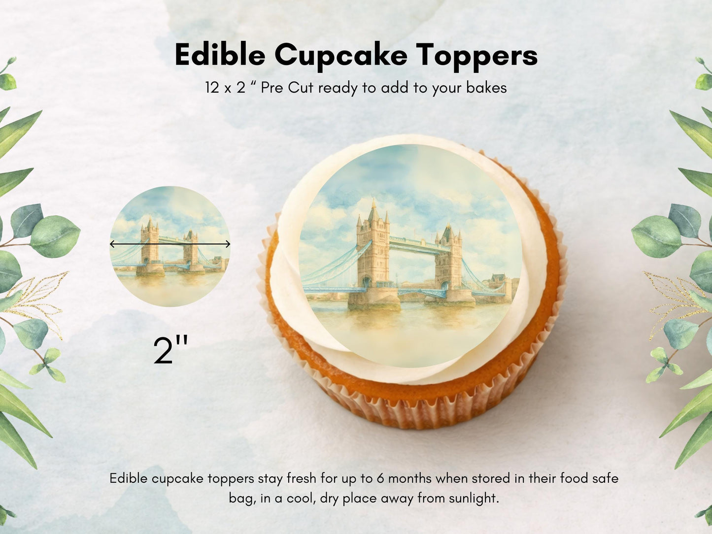 London Bridge Edible Cupcake Toppers 12 x 2" – Pre cut Wafer Paper, Card or Icing Sheet, Historic London Landmark Cake Decor