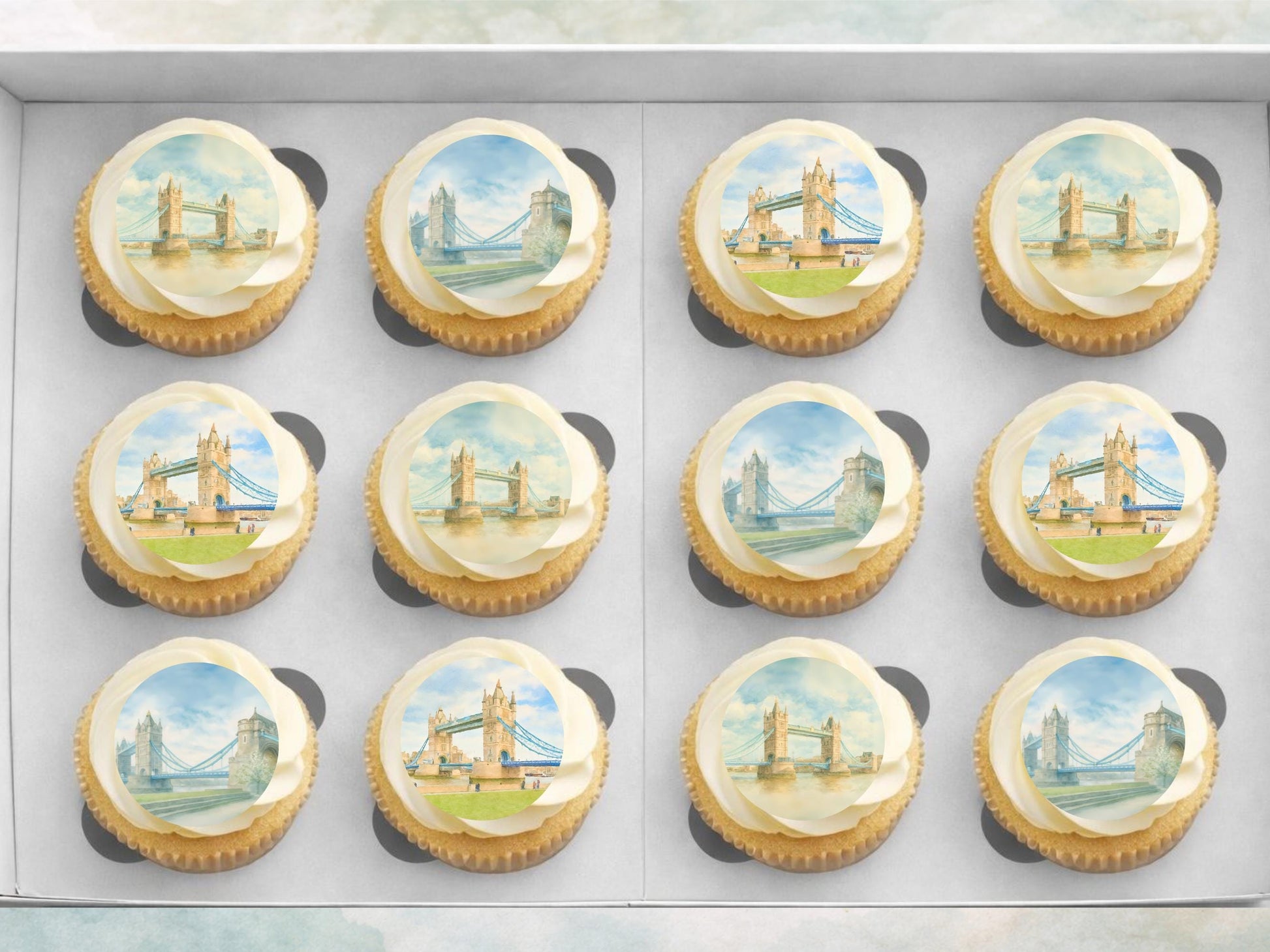 London Bridge Edible Cupcake Toppers 12 x 2" – Pre cut Wafer Paper, Card or Icing Sheet, Historic London Landmark Cake Decor