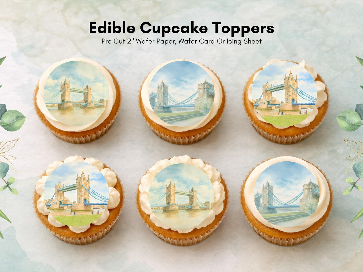 London Bridge Edible Cupcake Toppers 12 x 2" – Pre cut Wafer Paper, Card or Icing Sheet, Historic London Landmark Cake Decor