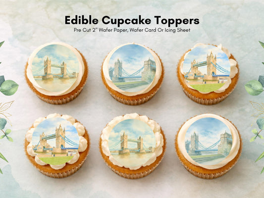 London Bridge Edible Cupcake Toppers 12 x 2" – Pre cut Wafer Paper, Card or Icing Sheet, Historic London Landmark Cake Decor