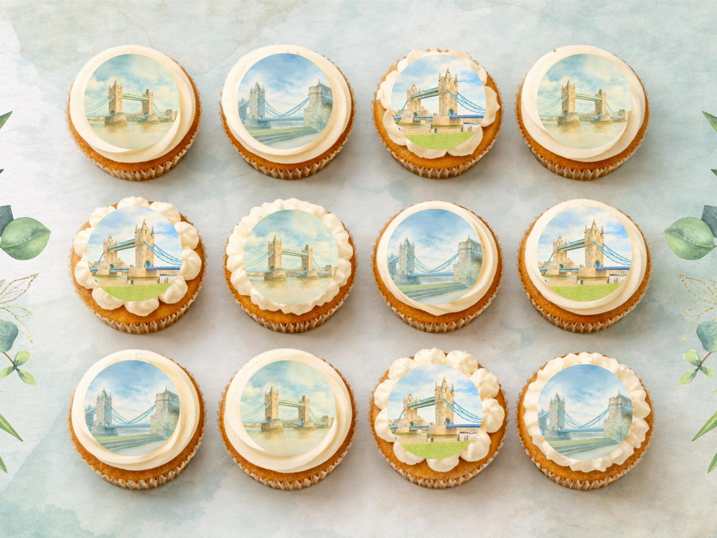 London Bridge Edible Cupcake Toppers 12 x 2" – Pre cut Wafer Paper, Card or Icing Sheet, Historic London Landmark Cake Decor