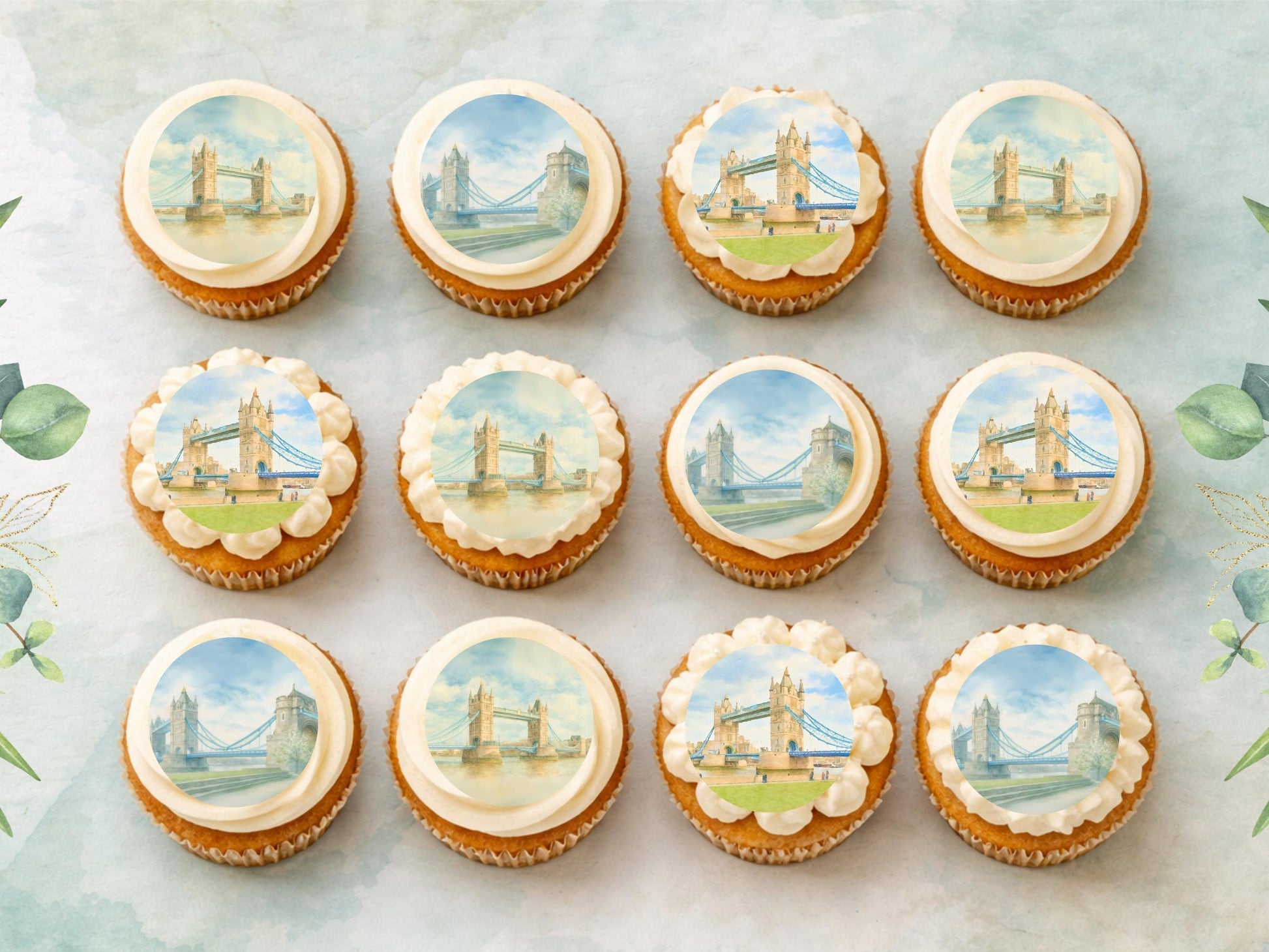 London Bridge Edible Cupcake Toppers 12 x 2" – Pre cut Wafer Paper, Card or Icing Sheet, Historic London Landmark Cake Decor
