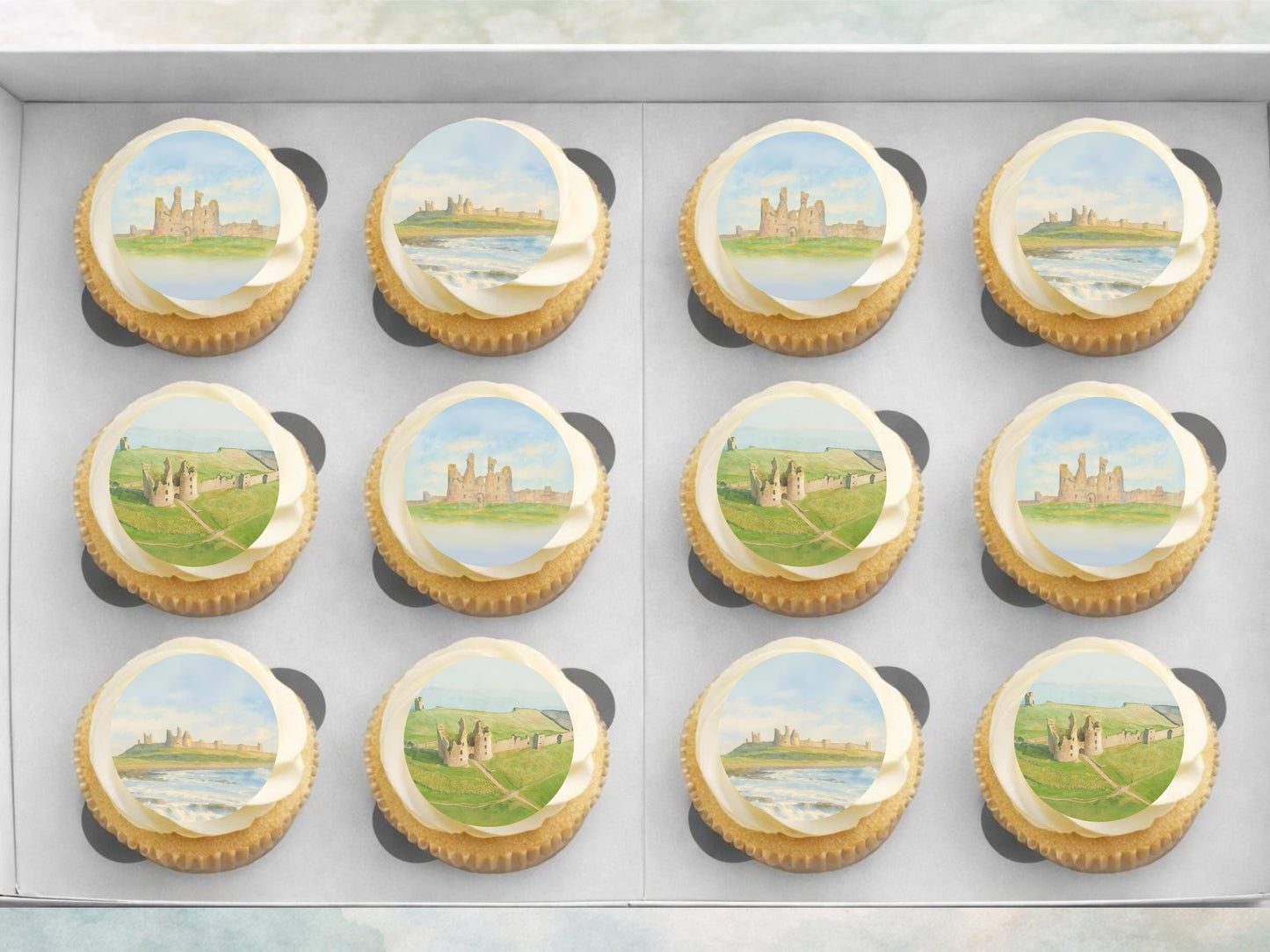 Dunstanburgh Castle Edible Cupcake Toppers – Northumberland Landmark Cake Decor