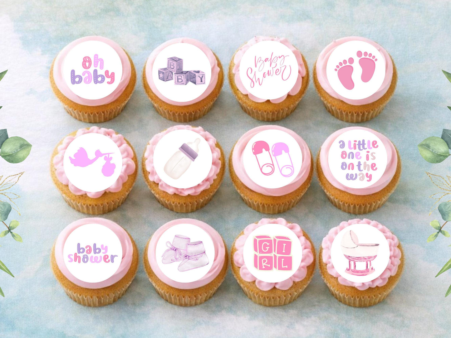 Pink Baby Shower Edible Cupcake Toppers – 2" Wafer Paper, Card, or Icing Sheet
