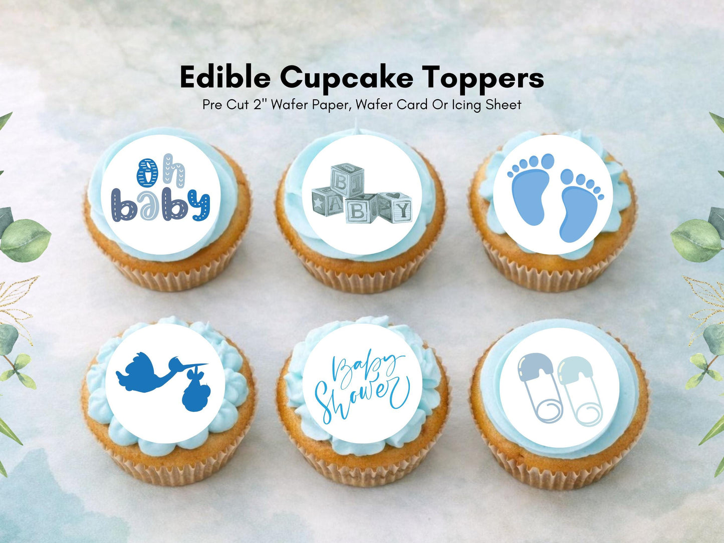 Blue Baby Shower Edible Cupcake Toppers – 2" Wafer Paper