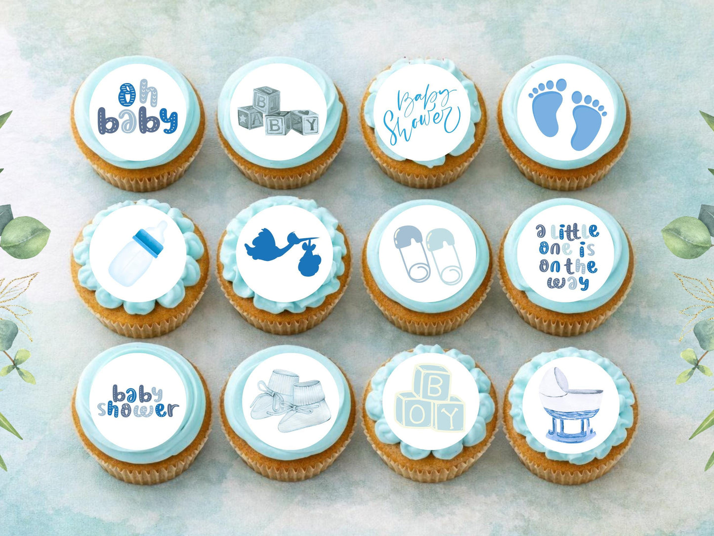 Blue Baby Shower Edible Cupcake Toppers – 2" Wafer Paper