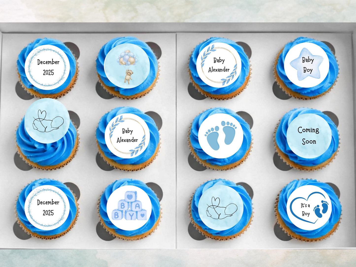 Blue Baby Shower Edible Cupcake Toppers – Custom 2" Wafer Paper
